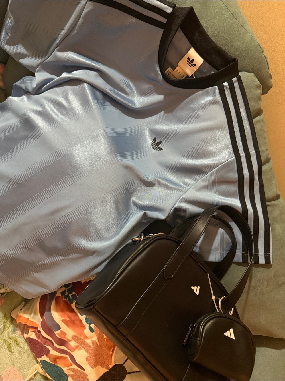 adidas Light Blue Short Sleeve Tee with adidas purse